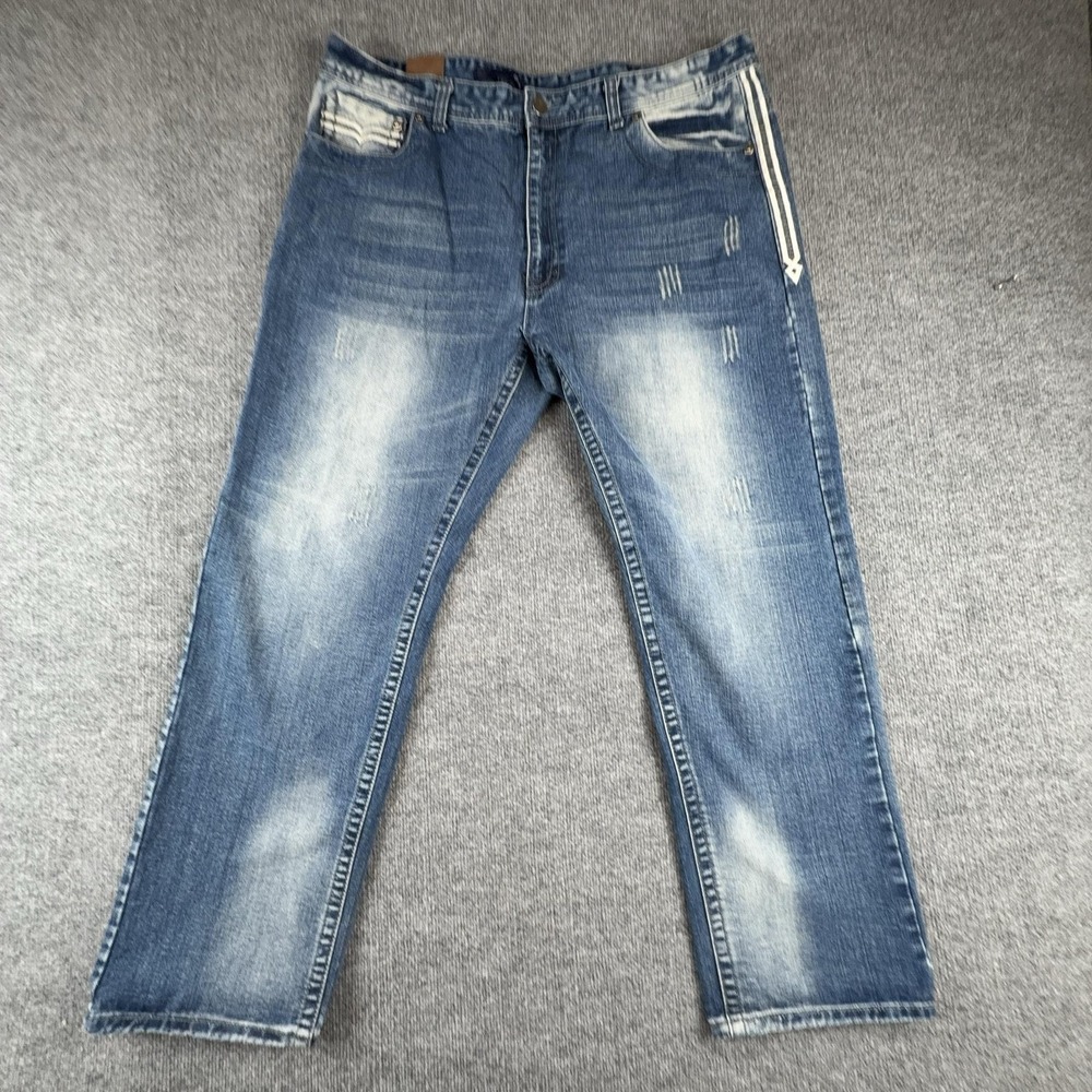 Y2K GS115 Jeans Mens 42x33 Blue Slim Fit Straight Leg Denim Embroidered